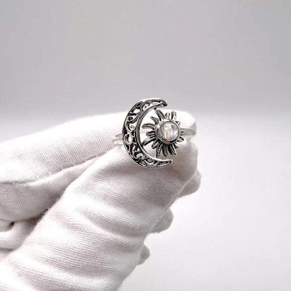 Genuine Rainbow Moonstone .825 Sterling Silver Filigree Crescent Moon & Sun Ring - Picture 11 of 17